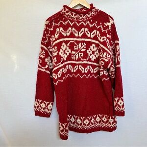 Express Tricot Vintage Red and Cream 100% Wool Patterned Mock Turtleneck Sweater